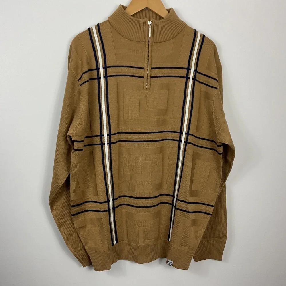 Stacy Adams Mens Tan Plaid Quarter Zip Knit‎ Sweater XL